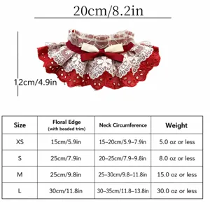 Pet lace collar size chart detail view, showing dimensions, lace trim and bow design clearly.