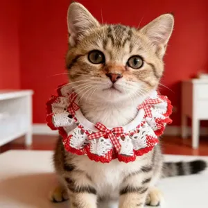 Cute handmade lace pet collar bib for cats and small dogs, red and white checkered bow design.