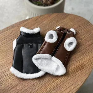 Thickened pet leather vest with faux fur lining, warm winter dog and cat sleeveless clothing.