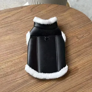 Pet winter leather vest detail, thickened warm dog clothes with cozy white faux fur trim.