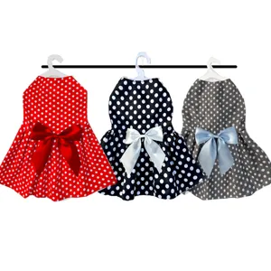 Cute polka dot pet dress with big bow, soft dog and cat princess clothes for summer.