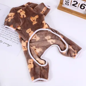 Cute brown bear print pet fleece jumpsuit, warm four-legged dog clothes for autumn winter.