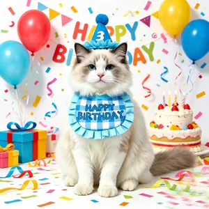 Cute blue plaid pet birthday hat and bib set with happy birthday text, perfect for cat party.