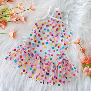 Cute colorful polka dot pet mesh dress with tutu skirt, soft white trim for lovely dogs.