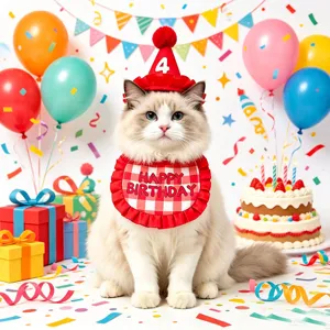 Pet birthday hat and bib set close up, cute red checkered design with happy birthday text for cats.