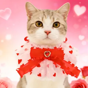 Valentine's Day cat bib with red bow and heart pendant, cute pet decorative collar.