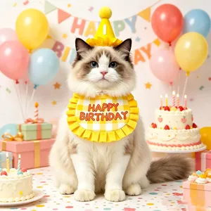 Cute pet birthday hat and plaid bib set for cats and dogs party celebration dress up.