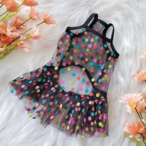 Cute black mesh pet dress with colorful polka dots, sweet tutu skirt design for dogs and cats.