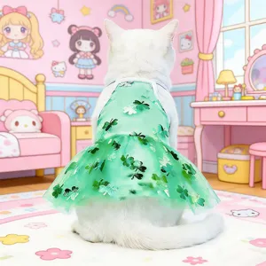 Cute green mesh pet dress for cats and dogs, lightweight summer floral clothing for cute pets.