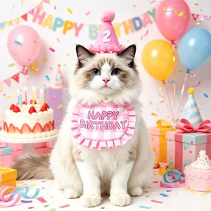 Cute pet birthday hat and bib set with happy birthday print, perfect for cat and dog party.