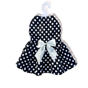 Black and white polka dot pet dress with cute white bow for small dogs and cats apparel.