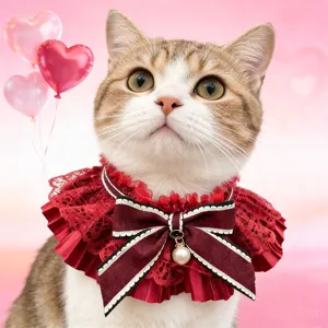 Detail view of the elegant red pet lace collar featuring a bow and pearl pendant, cute accessory.