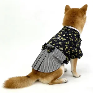 Detailed view of the Japanese style pet kimono dog clothes with floral print and bow.