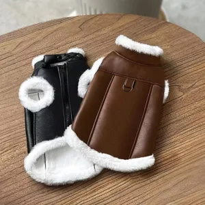 Pet winter leather jacket, thickened warm sleeveless fleece vest for small dogs and cats.