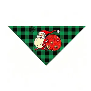 Christmas dog bandana detail, green plaid pet bib with Santa Claus graphic design.