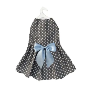 Cute pet dog dress with polka dots and blue bowknot, stylish cat apparel for daily wear.