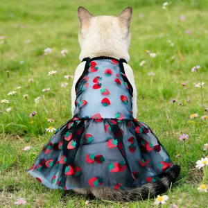 Transparent mesh pet dress for cats and dogs, cute strawberry print summer cooling apparel.