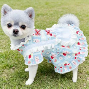 Cute pet Lolita dress with ruffles bows and adorable animal strawberry print for small dogs.