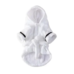 White plush pet bathrobe with hood, highly absorbent and soft dog drying towel detail.