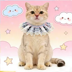 Close-up of cute pet lace bib collar detail, princess style cat decorative neck accessory.