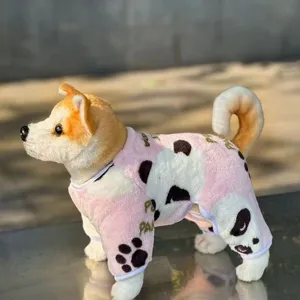Detailed view of cute pink panda print pet four-leg flannel clothes for autumn and winter.