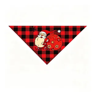 Christmas pet bandana with red and black buffalo plaid and cute Santa Claus print for dogs and cats.