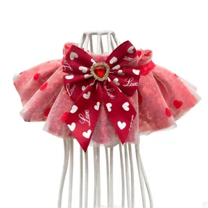 Valentine pet bib with red bow and heart pattern, cute decorative collar for cats and dogs detail
