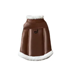 Brown leather pet vest with soft white faux fur trim, sleeveless warm winter clothing detail.