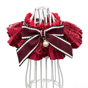 Korean style pet bib collar featuring wine red lace and a chic bow with a delicate pearl pendant.