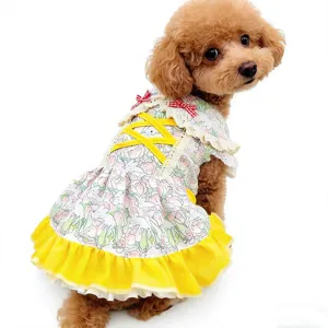 Cute Lolita pet dress detail with floral print, yellow ruffle hem and lovely bows for dogs.