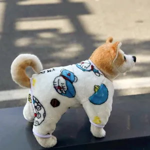 Cute pet four-leg jumpsuit with cartoon anime print, soft flannel material for dogs and cats.