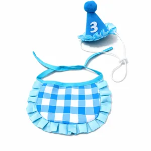 Blue pet birthday hat and bib set with number 3 and happy birthday for cute cats and dogs