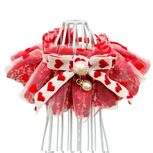 Valentine heart lace pet bib with bow and pearls for cats and dogs cute puppy collar scarf