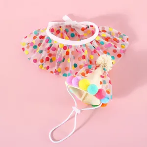 Cute pet polka dot bib and birthday hat set, colorful pom pom puppy cat party costume accessory.