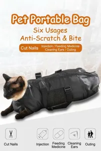 Detailed view of the black breathable pet grooming bag with cat inside for easy care.