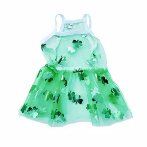 Sheer green pet dress with clover sequins, lightweight summer dog cat strap apparel detail.