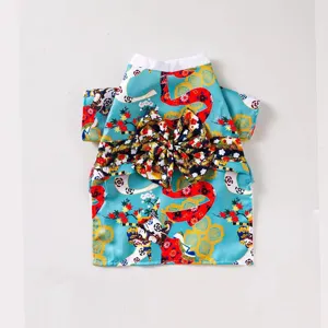 Japanese style pet kimono for dogs and cats, cute floral print costume with big bow, spring summer