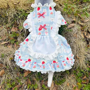 Cute Lolita Pet Dress with Ruffles and Strawberry Print for Small Dogs and Cats Outdoors.