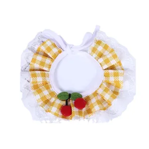 Cute yellow plaid pet bib with white lace trim and sweet cherry decoration for cats and dogs