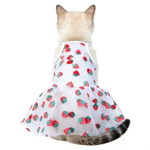 Cute summer cat dress with strawberry print, breathable mesh pet apparel for small dogs.