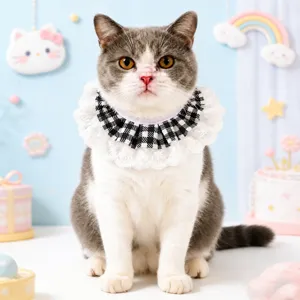 Cute cat lace bib black and white gingham pet collar princess style kitten neck accessories
