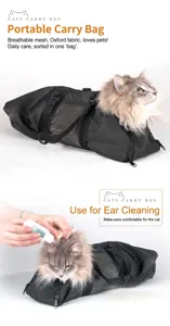 Close-up view of cat grooming bag showing mesh fabric and ear cleaning usage scene.