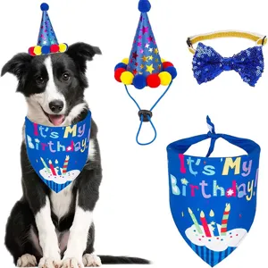 Dog birthday party set with blue cone hat, cute cupcake bandana and sparkly bow tie.