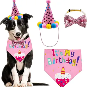 Cute dog birthday party set with pink cone hat, sequin bow tie, and bandana for pets.