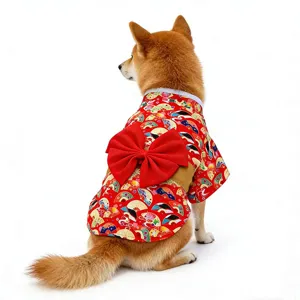 Japanese kimono style pet clothes with red bow, cute dog and cat costume for spring summer.