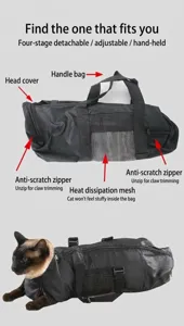 Detail view of breathable cat grooming bag with anti-scratch zippers and mesh ventilation.