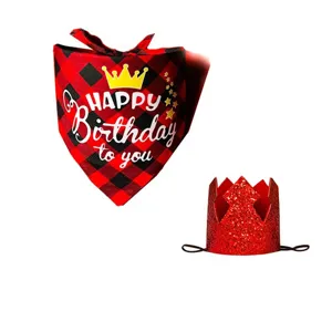 Detail view of red black plaid pet birthday bandana and glitter crown hat set for dogs.