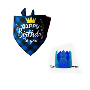 Close-up detail of pet birthday bandana and glitter crown set, blue plaid triangle scarf.