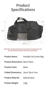 Portable breathable cat carrier bag pet grooming travel tote bag in black 46x24cm