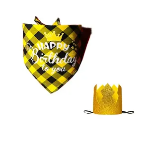 Pet birthday bandana and crown set, black yellow plaid dog bib with glitter hat for cats dogs